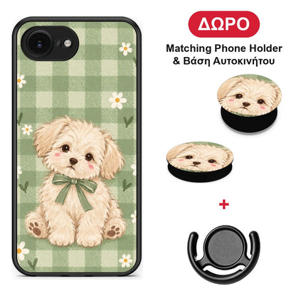 Puppy and Daisies on Sage Gingham - iPhone 16e θήκη + Δώρο Phone Holder & Βάση Αυτοκινήτου