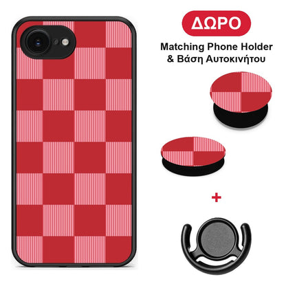 Red and Pink Striped Checks - iPhone 16e θήκη + Δώρο Phone Holder & Βάση Αυτοκινήτου
