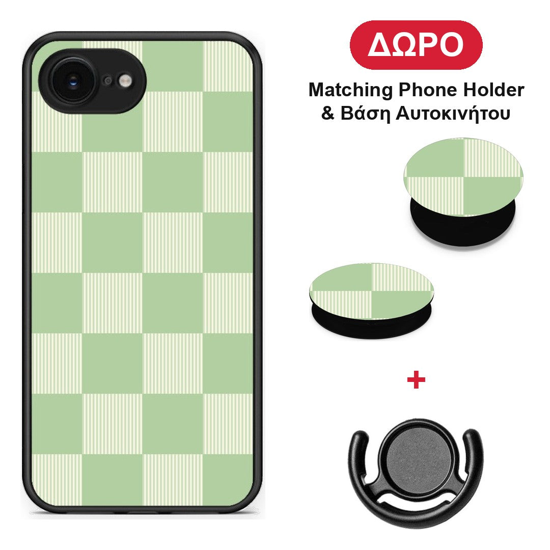 Sage and Cream Striped Checks - iPhone 16e θήκη + Δώρο Phone Holder & Βάση Αυτοκινήτου