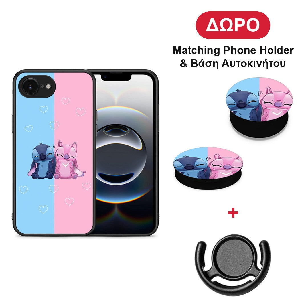 Stitch And Angel - iPhone 16e θήκη + Δώρο Phone Holder & Βάση Αυτοκινήτου