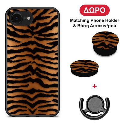 Tiger Print Orange and Black - iPhone 16e θήκη + Δώρο Phone Holder & Βάση Αυτοκινήτου