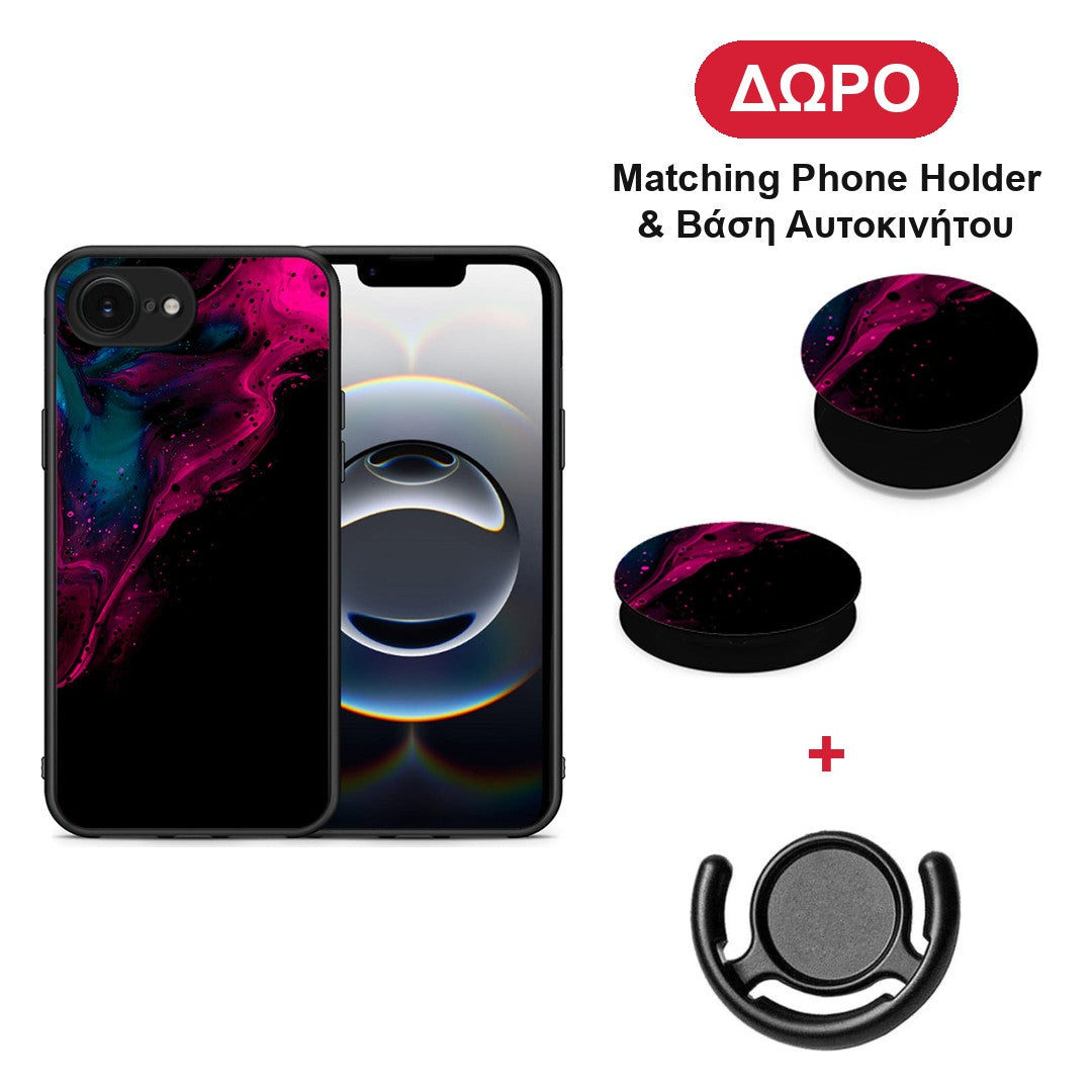Watercolor Pink Black - iPhone 16e θήκη + Δώρο Phone Holder & Βάση Αυτοκινήτου