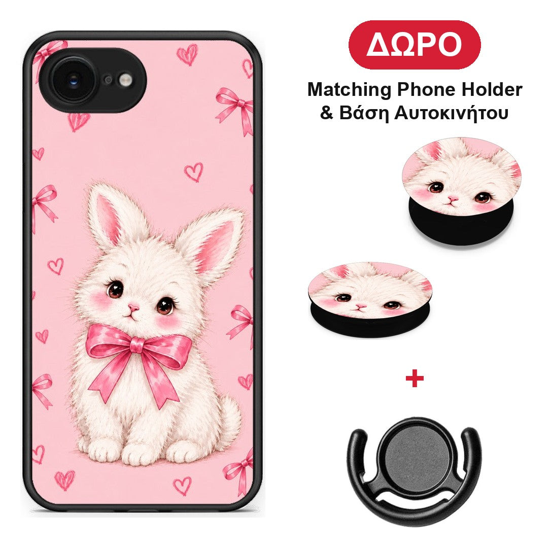 White Bunny and Pink Bows - iPhone 16e θήκη + Δώρο Phone Holder & Βάση Αυτοκινήτου
