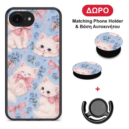 White Kittens and Blue Flowers Large - iPhone 16e θήκη + Δώρο Phone Holder & Βάση Αυτοκινήτου