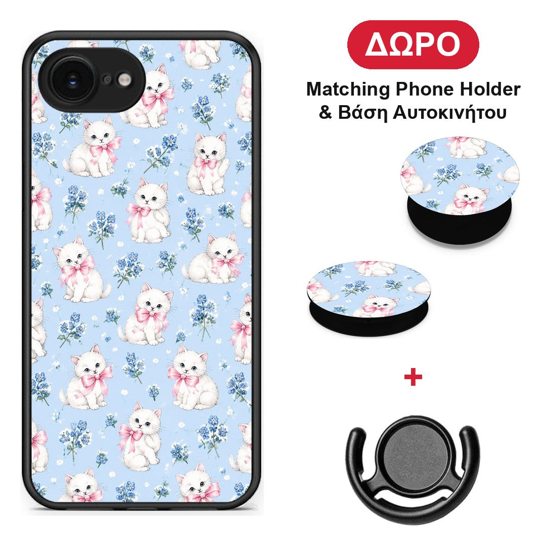 White Kittens and Blue Flowers Small - iPhone 16e θήκη + Δώρο Phone Holder & Βάση Αυτοκινήτου