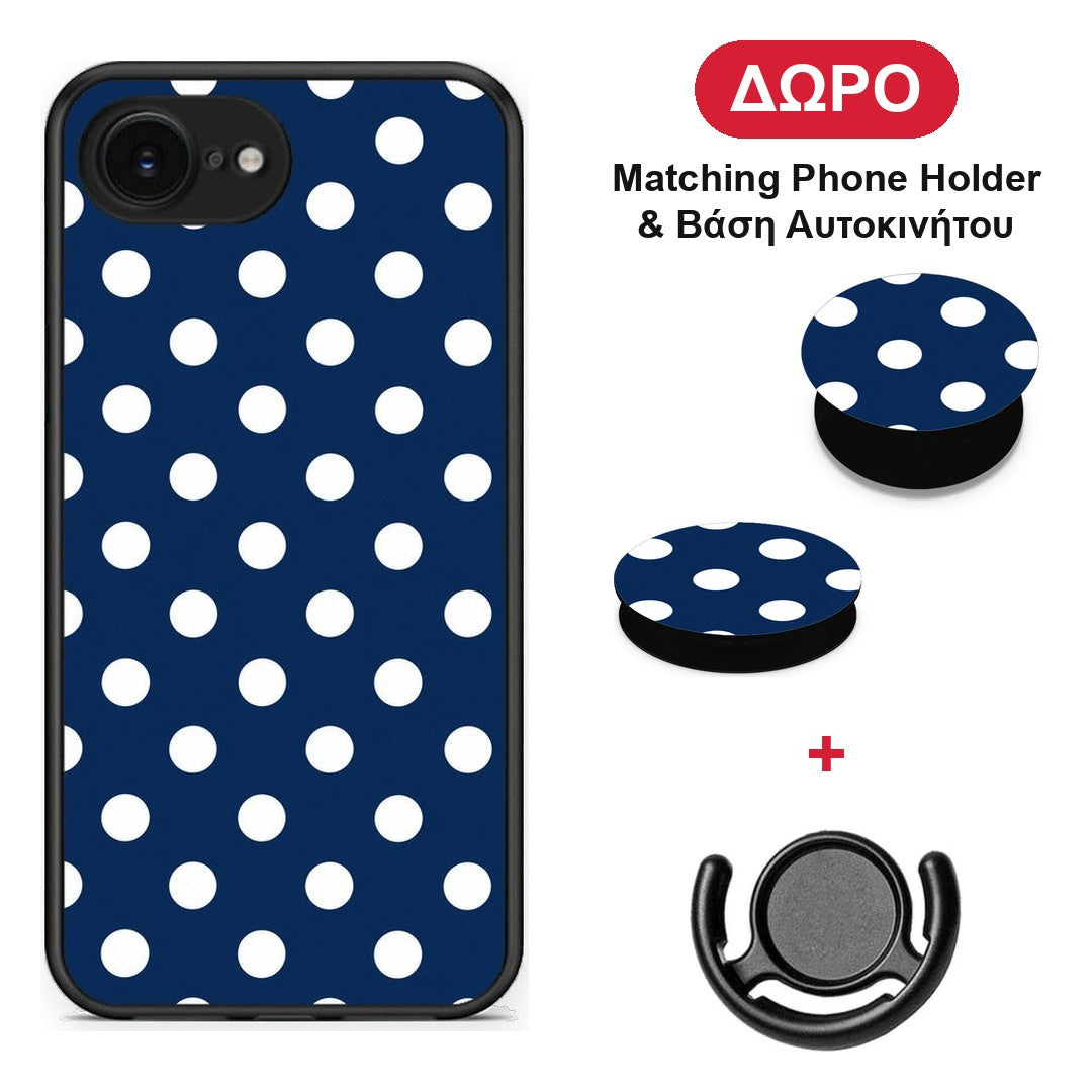 White Large Polka Dots on Navy - iPhone 16e θήκη + Δώρο Phone Holder & Βάση Αυτοκινήτου
