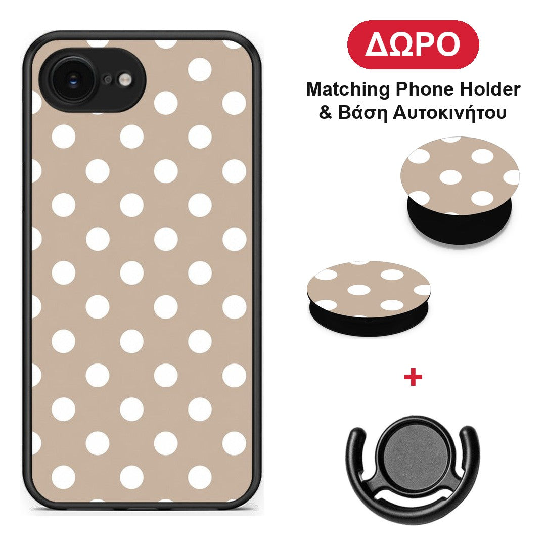 White Polka Dots on Taupe - iPhone 16e θήκη + Δώρο Phone Holder & Βάση Αυτοκινήτου