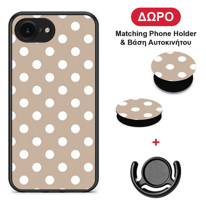 White Polka Dots on Taupe - iPhone 16e θήκη + Δώρο Phone Holder & Βάση Αυτοκινήτου