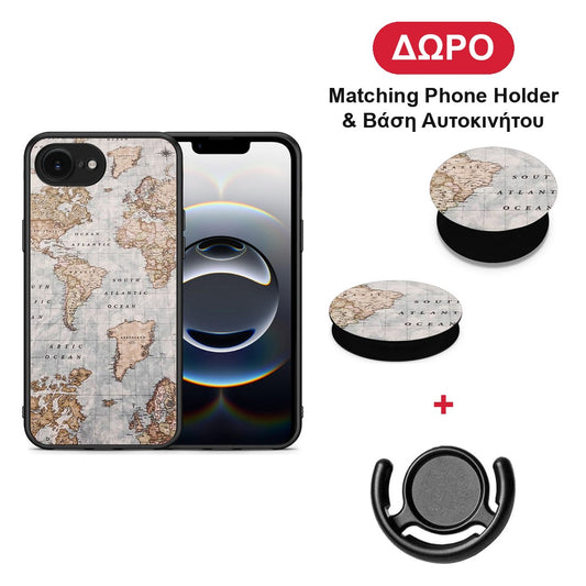 World Map - iPhone 16e θήκη + Δώρο Phone Holder & Βάση Αυτοκινήτου
