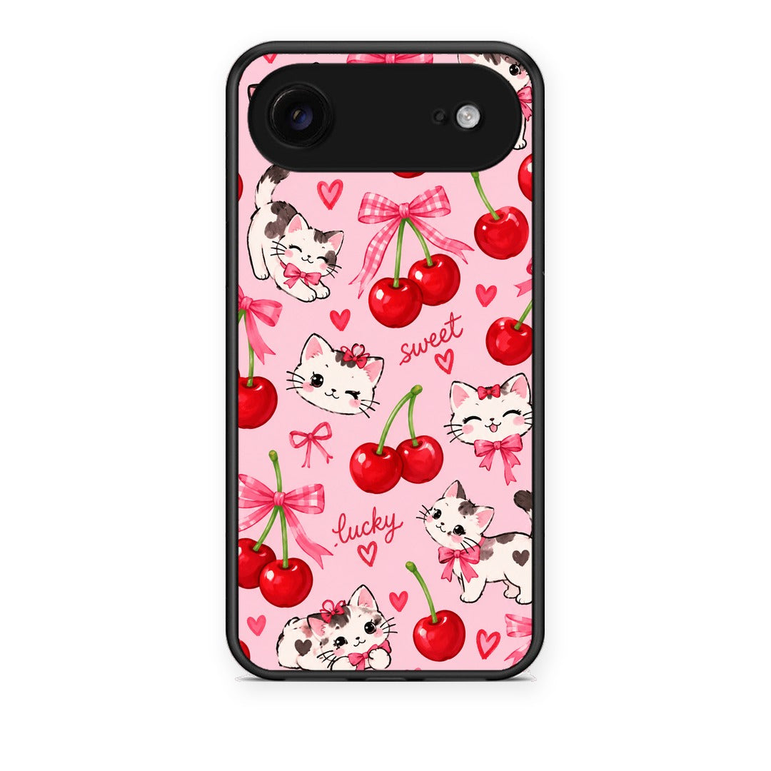 Θήκη iPhone 17 Air Cherries Bows and Kittens on Pink από τη Smartfits με σχέδιο στο πίσω μέρος και μαύρο περίβλημα | iPhone 17 Air Cherries Bows and Kittens on Pink case with colorful back and black bezels