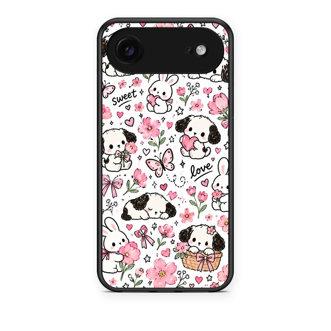 Θήκη iPhone 17 Air Pink Florals Puppies and Bunnies on White από τη Smartfits με σχέδιο στο πίσω μέρος και μαύρο περίβλημα | iPhone 17 Air Pink Florals Puppies and Bunnies on White case with colorful back and black bezels