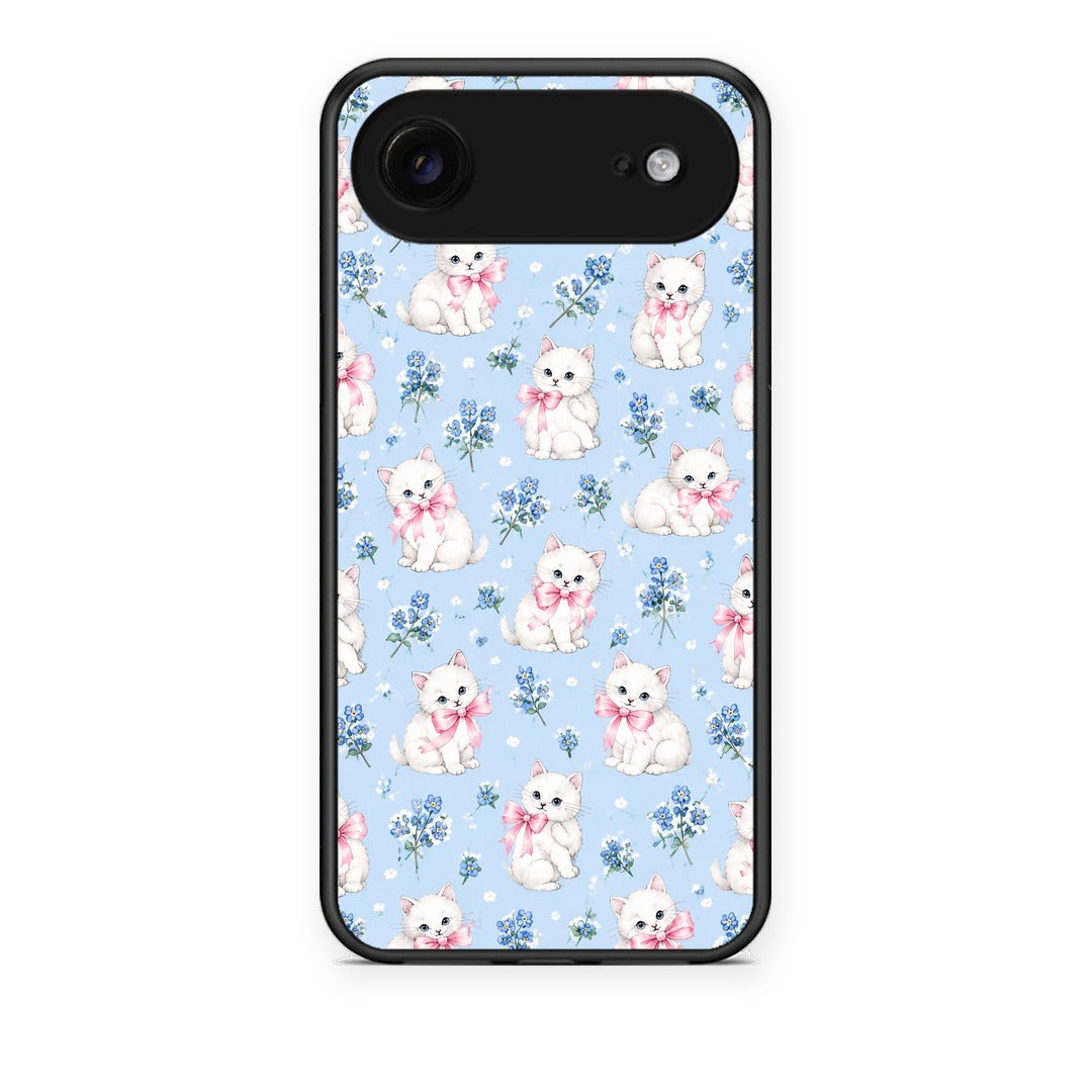 Θήκη iPhone 17 Air White Kittens and Blue Flowers Small από τη Smartfits με σχέδιο στο πίσω μέρος και μαύρο περίβλημα | iPhone 17 Air White Kittens and Blue Flowers Small case with colorful back and black bezels