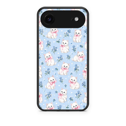 Θήκη iPhone 17 Air White Kittens and Blue Flowers Small από τη Smartfits με σχέδιο στο πίσω μέρος και μαύρο περίβλημα | iPhone 17 Air White Kittens and Blue Flowers Small case with colorful back and black bezels