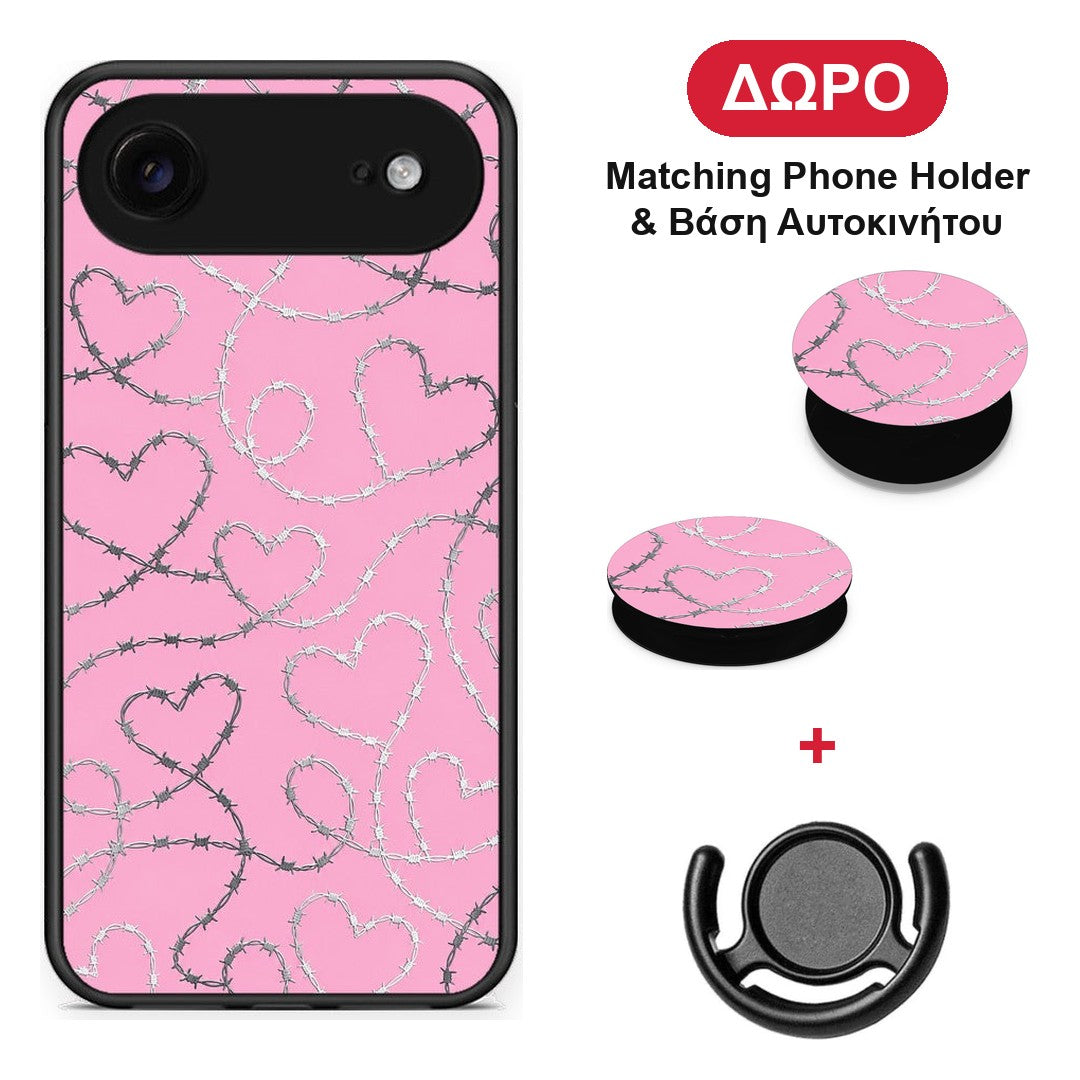 Barbed Wire Hearts on Pink - iPhone 17 Air θήκη + Δώρο Phone Holder & Βάση Αυτοκινήτου