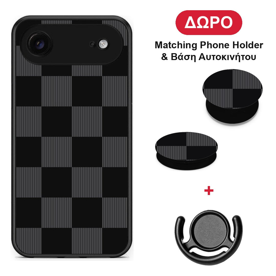 Black and Charcoal Striped Checks - iPhone 17 Air θήκη + Δώρο Phone Holder & Βάση Αυτοκινήτου