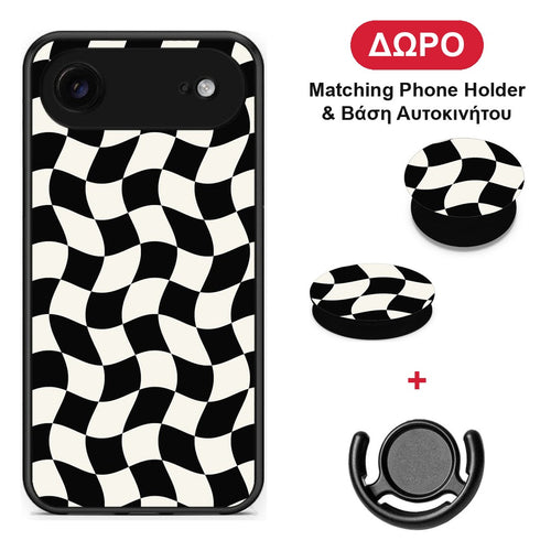 Black and Cream Wavy Checkerboard - iPhone 17 Air θήκη + Δώρο Phone Holder & Βάση Αυτοκινήτου