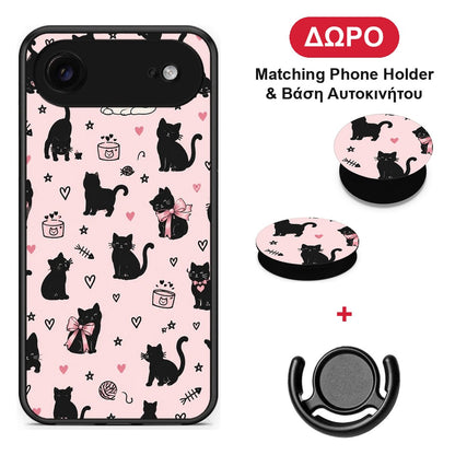 Black Cat Doodles on Pink - iPhone 17 Air θήκη + Δώρο Phone Holder & Βάση Αυτοκινήτου
