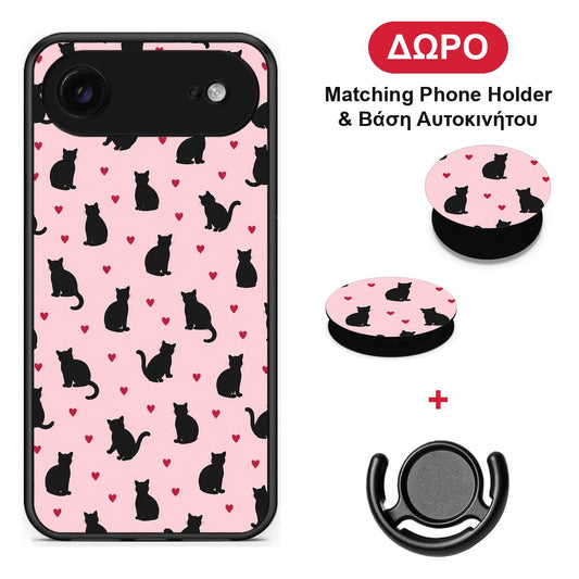 Black Cat Silhouettes and Hearts on Pink - iPhone 17 Air θήκη + Δώρο Phone Holder & Βάση Αυτοκινήτου