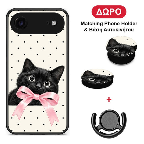 Black Kitten Pink Bow and Polka Dots - iPhone 17 Air θήκη + Δώρο Phone Holder & Βάση Αυτοκινήτου
