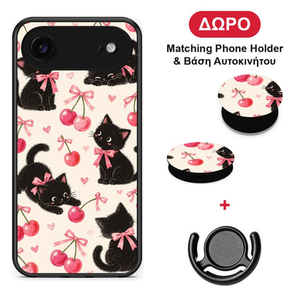 Black Kittens and Cherries on Cream - iPhone 17 Air θήκη + Δώρο Phone Holder & Βάση Αυτοκινήτου