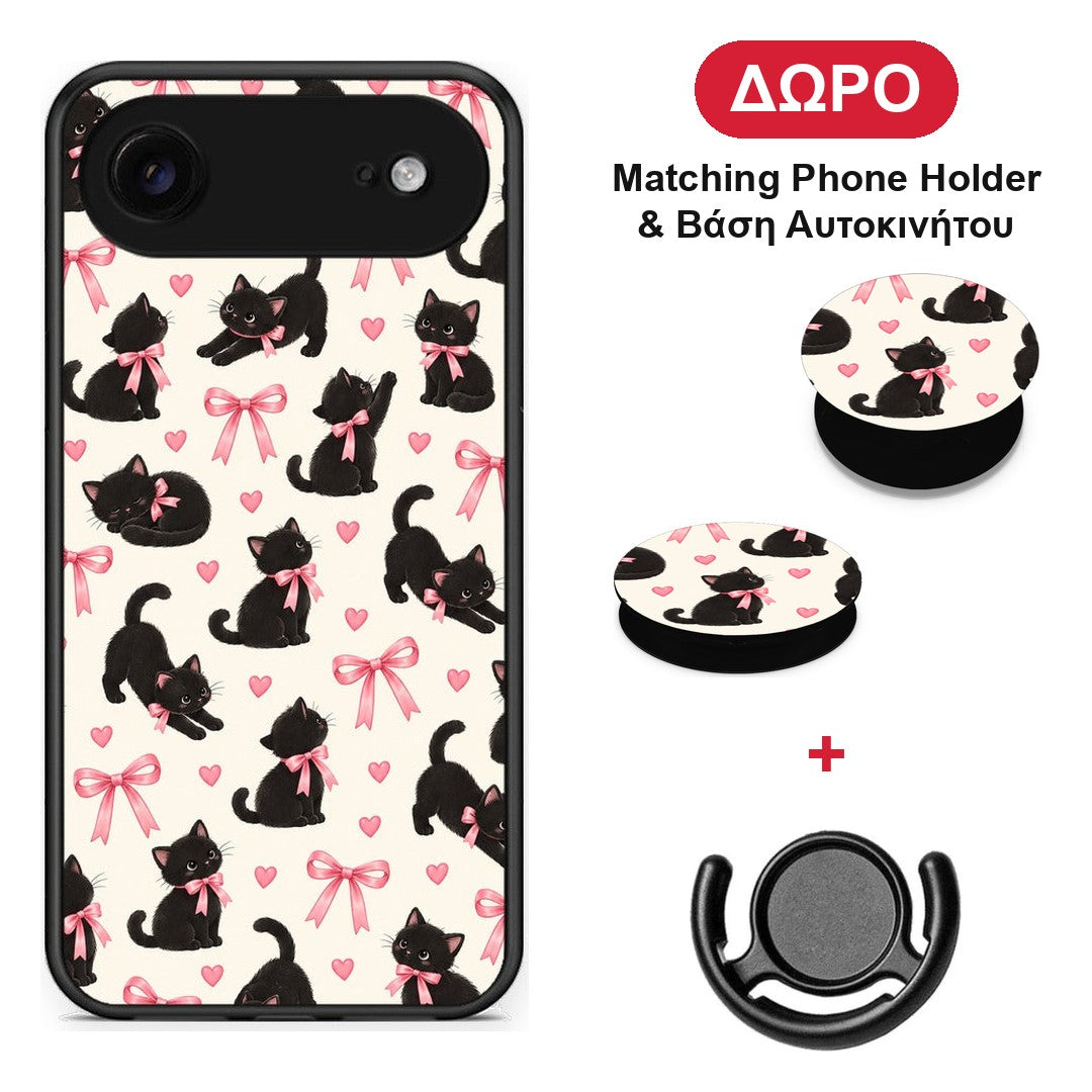 Black Kittens and Pink Bows on Cream Small - iPhone 17 Air θήκη + Δώρο Phone Holder & Βάση Αυτοκινήτου