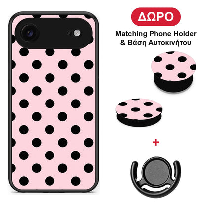 Black Polka Dots on Pink - iPhone 17 Air θήκη + Δώρο Phone Holder & Βάση Αυτοκινήτου