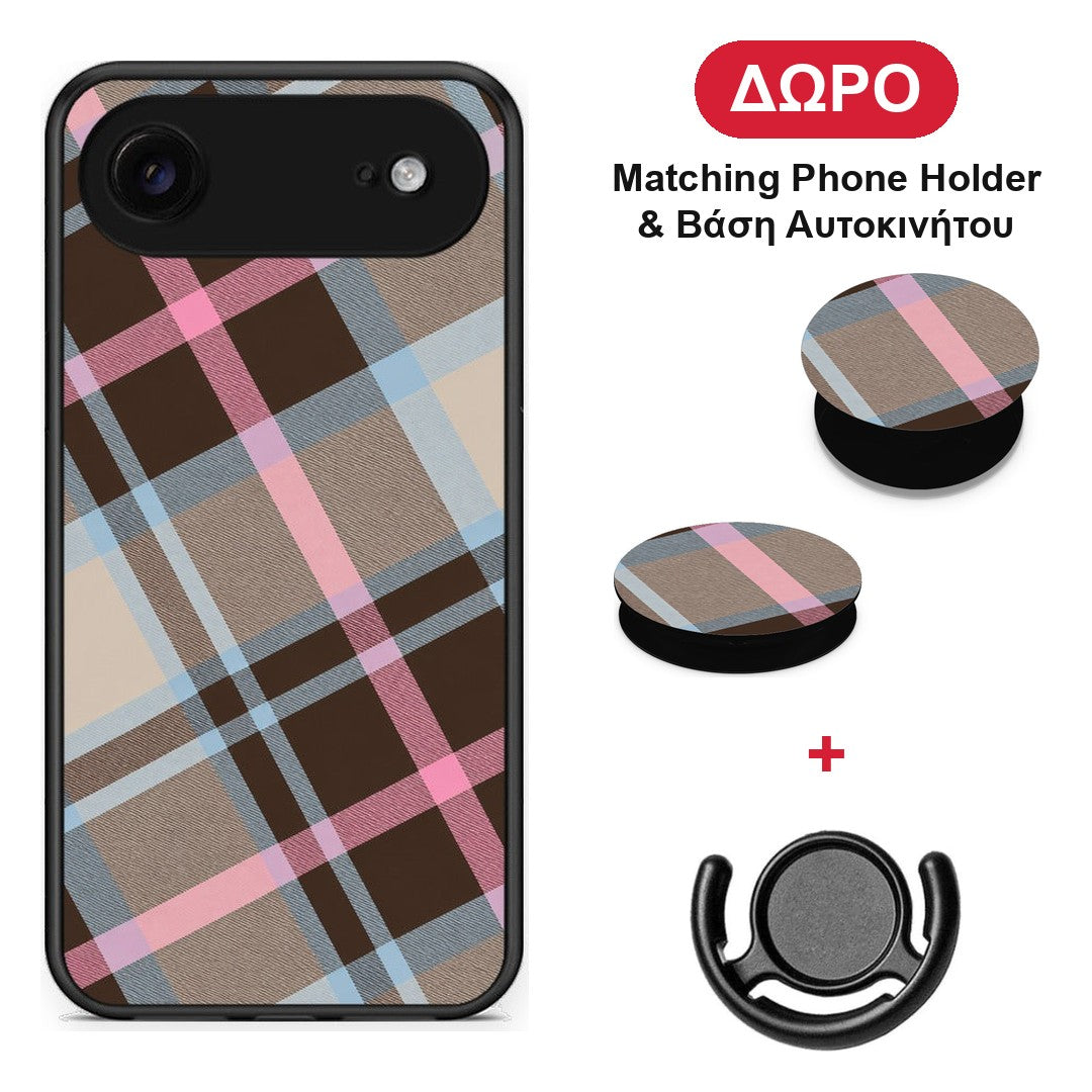 Brown Pink and Blue Diagonal Plaid - iPhone 17 Air θήκη + Δώρο Phone Holder & Βάση Αυτοκινήτου