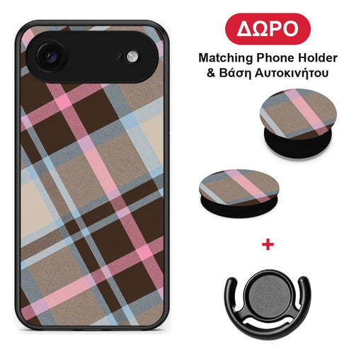 Brown Pink and Blue Diagonal Plaid - iPhone 17 Air θήκη + Δώρο Phone Holder & Βάση Αυτοκινήτου