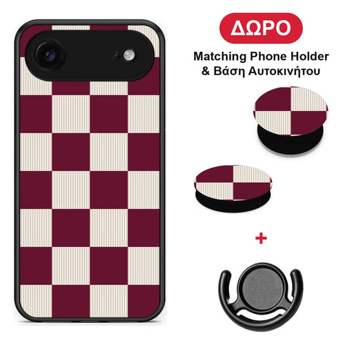 Burgundy and Cream Striped Checks - iPhone 17 Air θήκη + Δώρο Phone Holder & Βάση Αυτοκινήτου