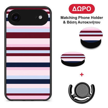 Burgundy Pink and Blue Horizontal Stripes - iPhone 17 Air θήκη + Δώρο Phone Holder & Βάση Αυτοκινήτου