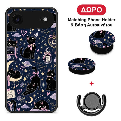Celestial Black Cats on Navy - iPhone 17 Air θήκη + Δώρο Phone Holder & Βάση Αυτοκινήτου