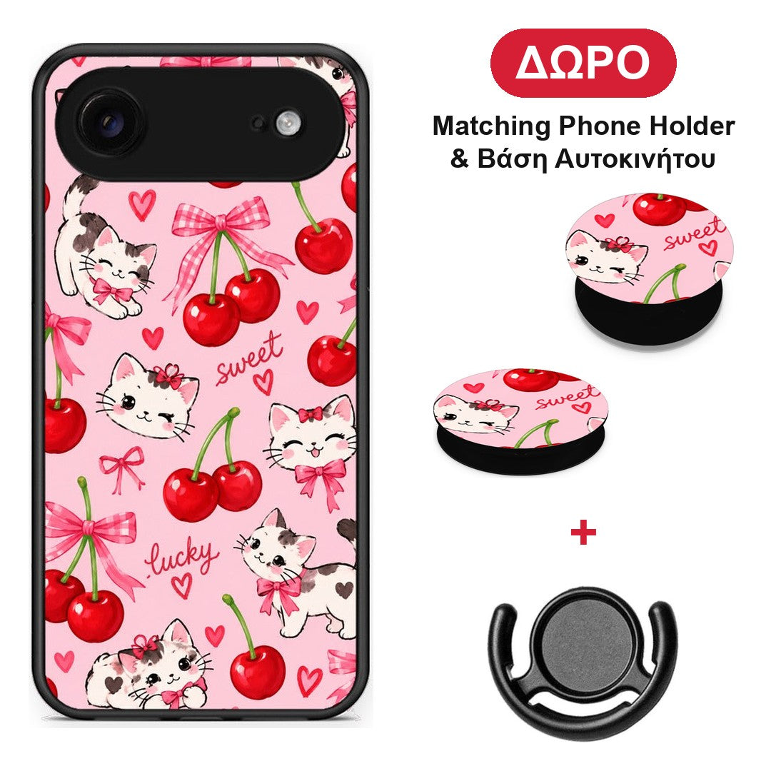 Cherries Bows and Kittens on Pink - iPhone 17 Air θήκη + Δώρο Phone Holder & Βάση Αυτοκινήτου