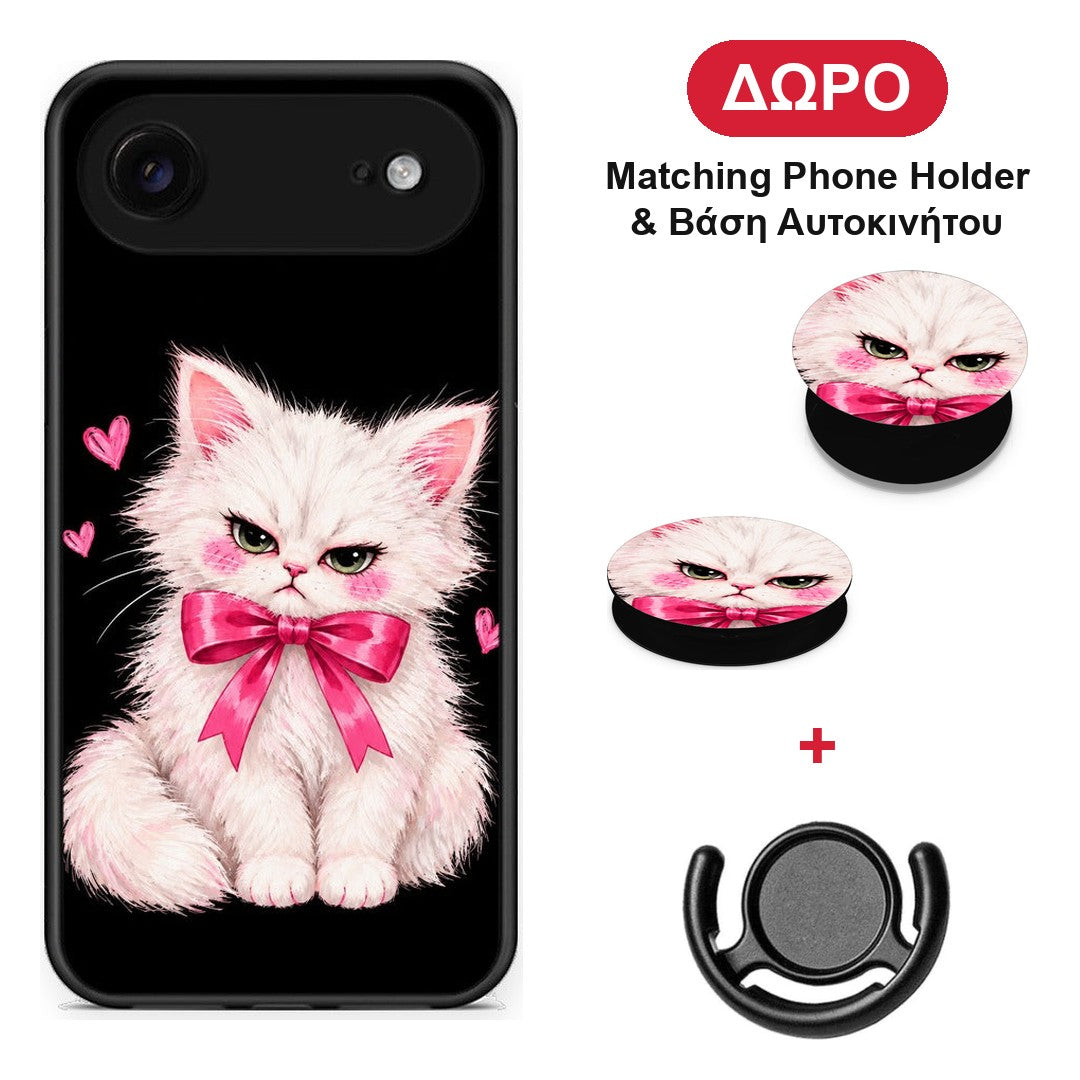 Grumpy Party Kitten on Black - iPhone 17 Air θήκη + Δώρο Phone Holder & Βάση Αυτοκινήτου