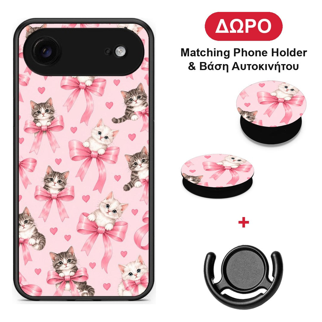 Kittens and Pink Bows on Pink - iPhone 17 Air θήκη + Δώρο Phone Holder & Βάση Αυτοκινήτου