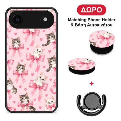 Kittens and Pink Bows on Pink - iPhone 17 Air θήκη + Δώρο Phone Holder & Βάση Αυτοκινήτου