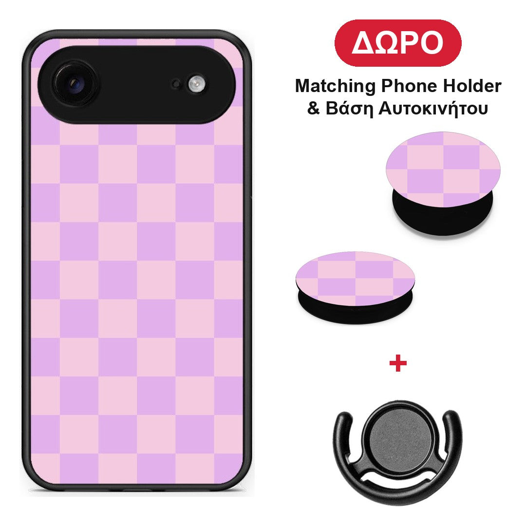 Lavender and Pink Checkerboard - iPhone 17 Air θήκη + Δώρο Phone Holder & Βάση Αυτοκινήτου