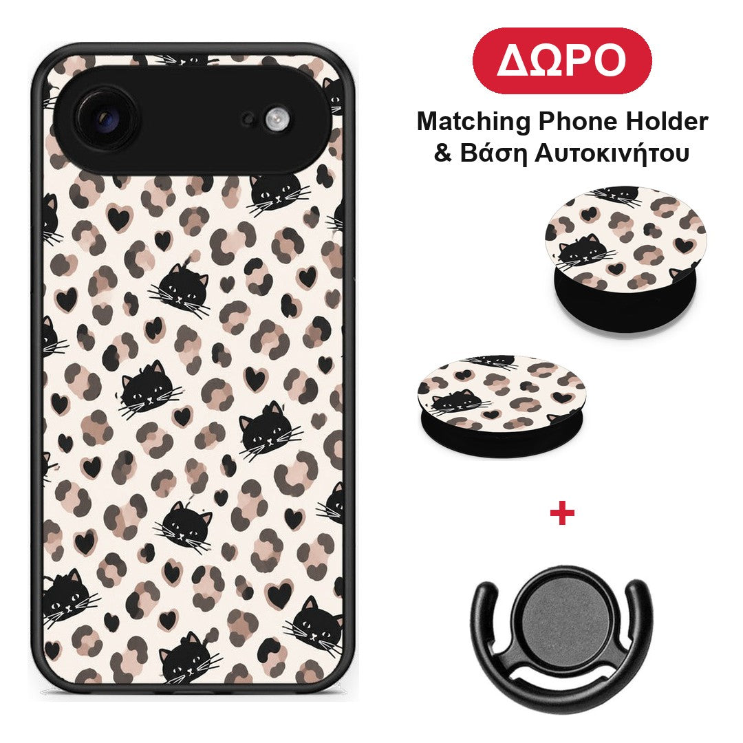 Leopard Spots and Black Cats on Cream - iPhone 17 Air θήκη + Δώρο Phone Holder & Βάση Αυτοκινήτου