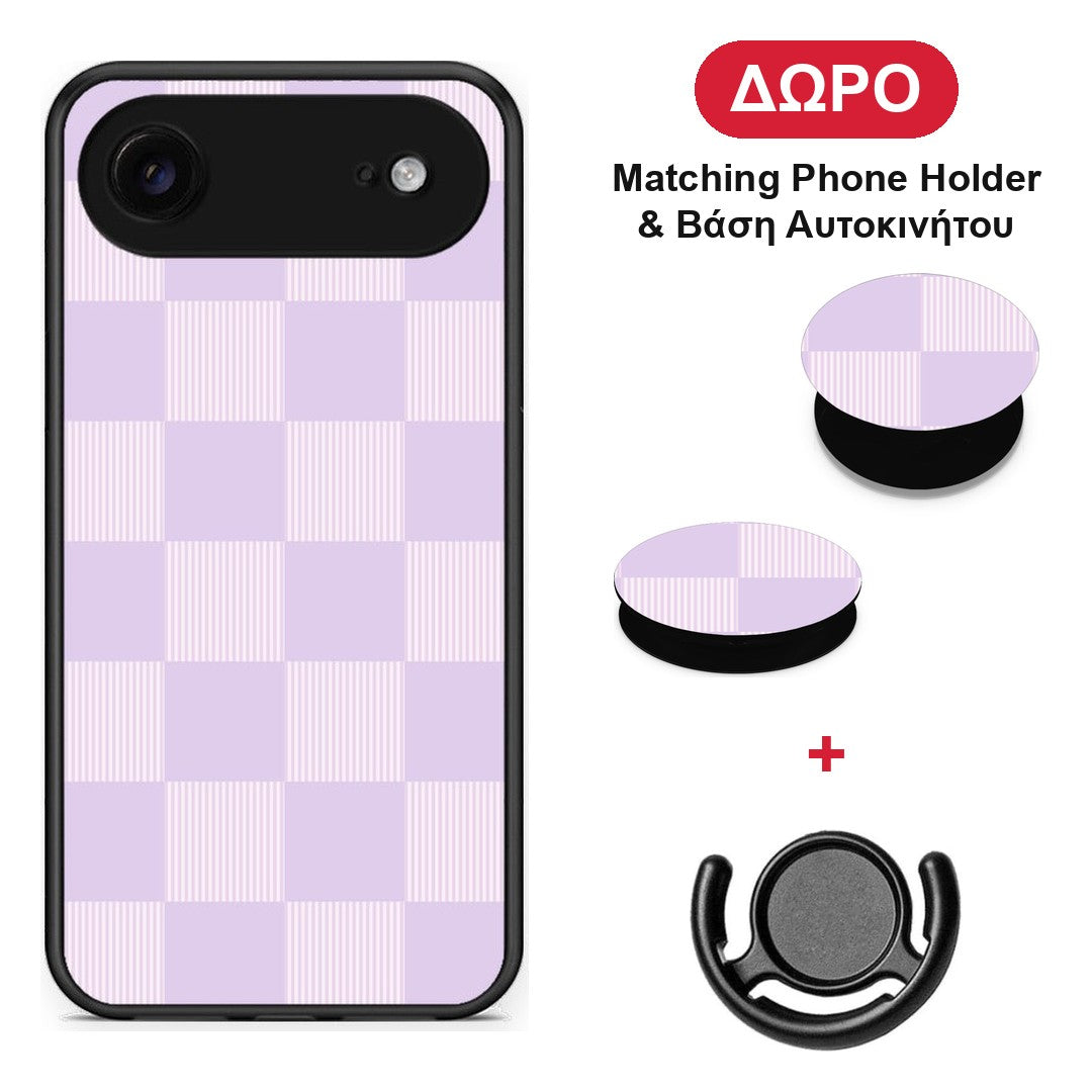 Lilac and Cream Striped Checks - iPhone 17 Air θήκη + Δώρο Phone Holder & Βάση Αυτοκινήτου