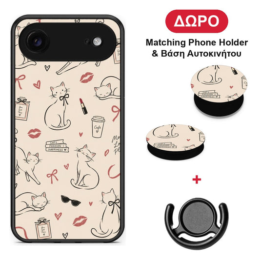 Minimal Cat and Fashion Doodles on Cream - iPhone 17 Air θήκη + Δώρο Phone Holder & Βάση Αυτοκινήτου