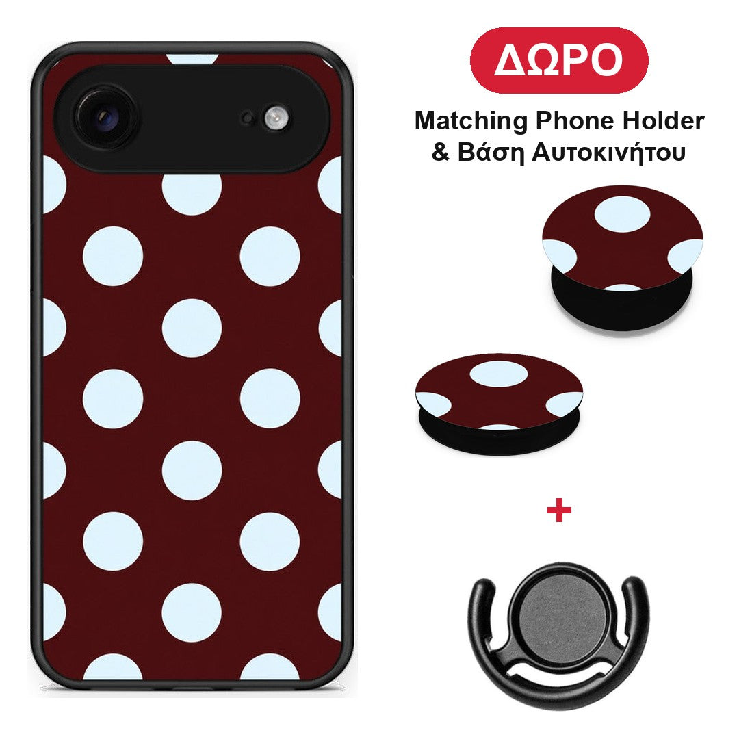 Pale Blue Large Polka Dots on Burgundy - iPhone 17 Air θήκη + Δώρο Phone Holder & Βάση Αυτοκινήτου