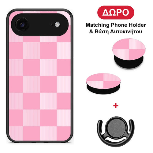 Pink and White Striped Checks - iPhone 17 Air θήκη + Δώρο Phone Holder & Βάση Αυτοκινήτου