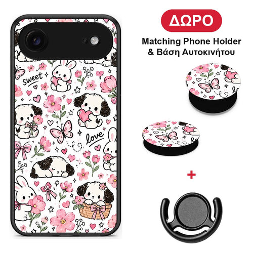 Pink Florals Puppies and Bunnies on White - iPhone 17 Air θήκη + Δώρο Phone Holder & Βάση Αυτοκινήτου
