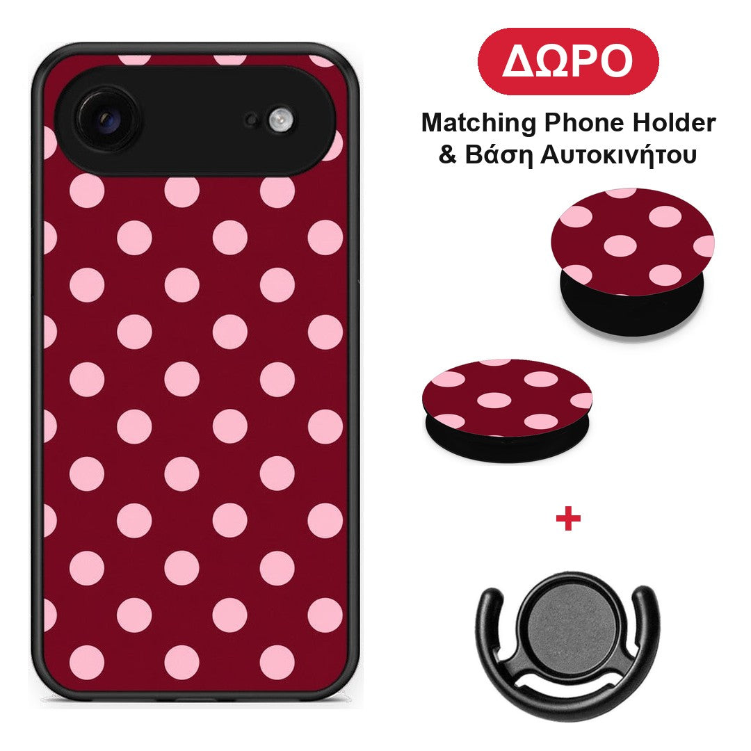 Pink Polka Dots on Burgundy - iPhone 17 Air θήκη + Δώρο Phone Holder & Βάση Αυτοκινήτου