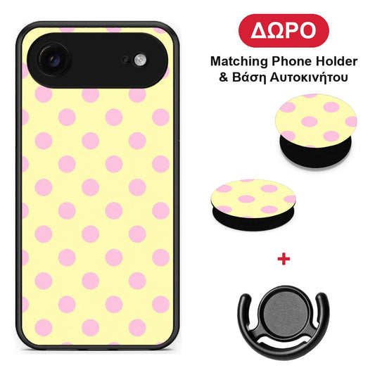 Pink Polka Dots on Yellow - iPhone 17 Air θήκη + Δώρο Phone Holder & Βάση Αυτοκινήτου
