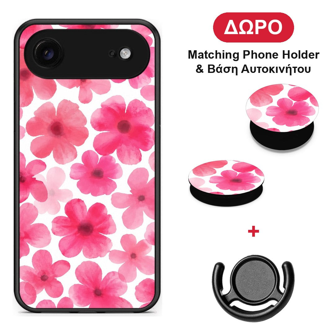 Pink Watercolour Flowers on White - iPhone 17 Air θήκη + Δώρο Phone Holder & Βάση Αυτοκινήτου