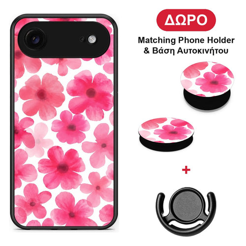 Pink Watercolour Flowers on White - iPhone 17 Air θήκη + Δώρο Phone Holder & Βάση Αυτοκινήτου
