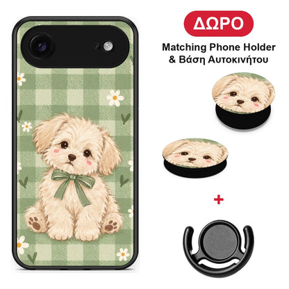 Puppy and Daisies on Sage Gingham - iPhone 17 Air θήκη + Δώρο Phone Holder & Βάση Αυτοκινήτου