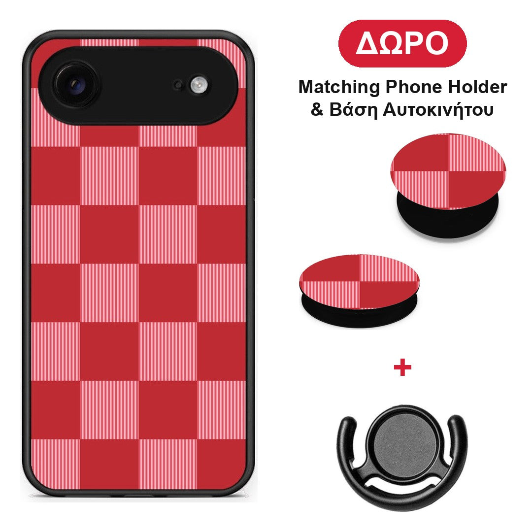 Red and Pink Striped Checks - iPhone 17 Air θήκη + Δώρο Phone Holder & Βάση Αυτοκινήτου