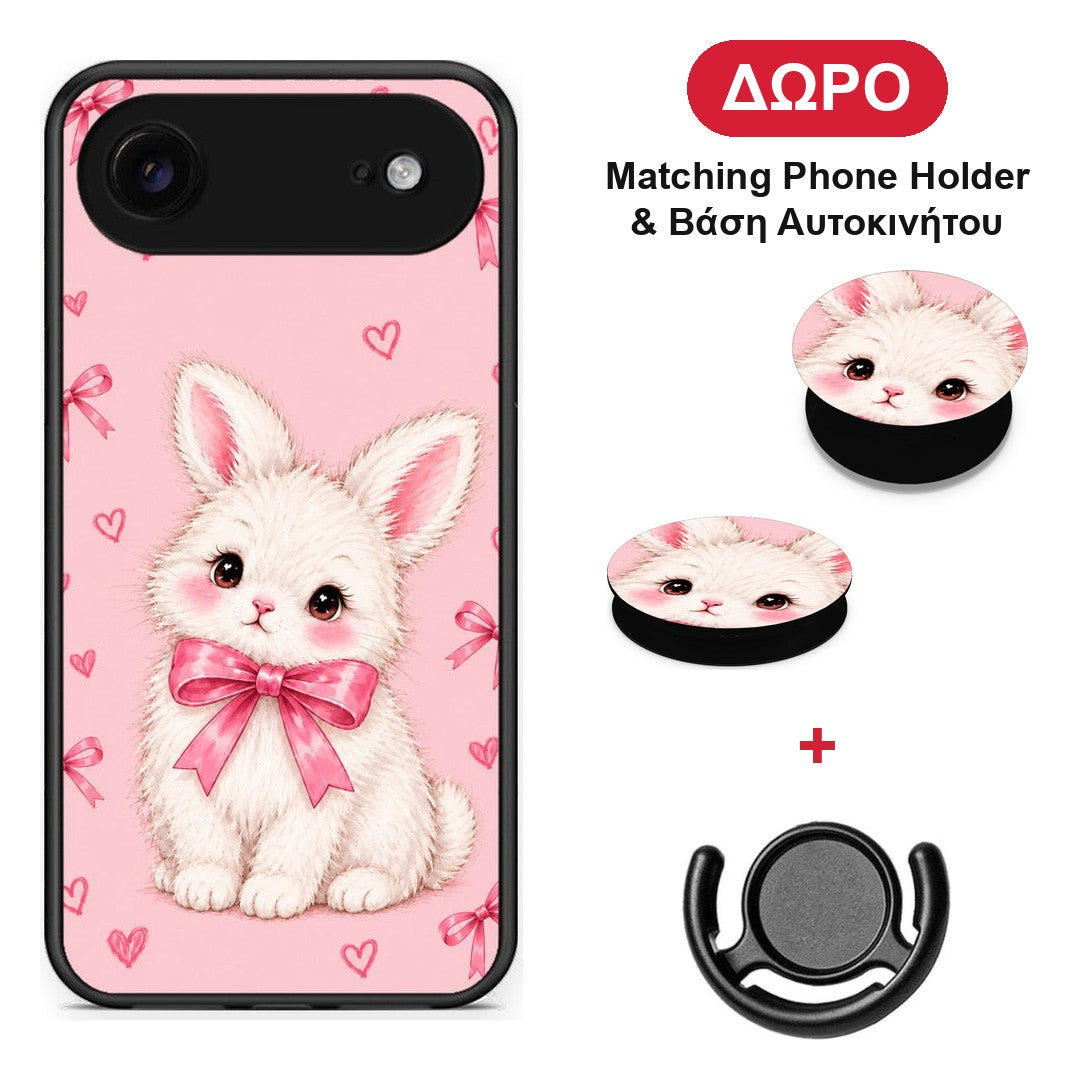 White Bunny and Pink Bows - iPhone 17 Air θήκη + Δώρο Phone Holder & Βάση Αυτοκινήτου