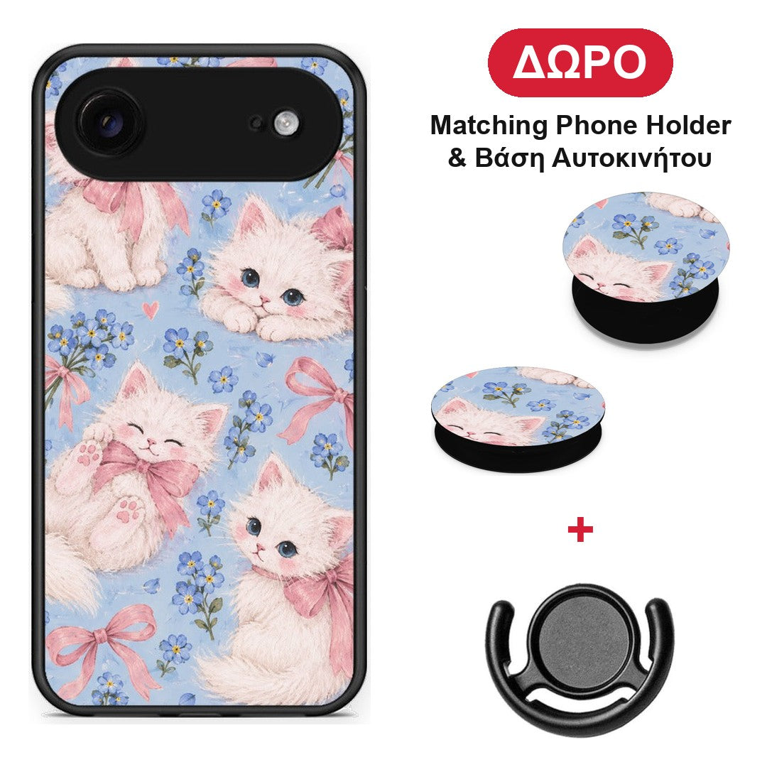 White Kittens and Blue Flowers Large - iPhone 17 Air θήκη + Δώρο Phone Holder & Βάση Αυτοκινήτου